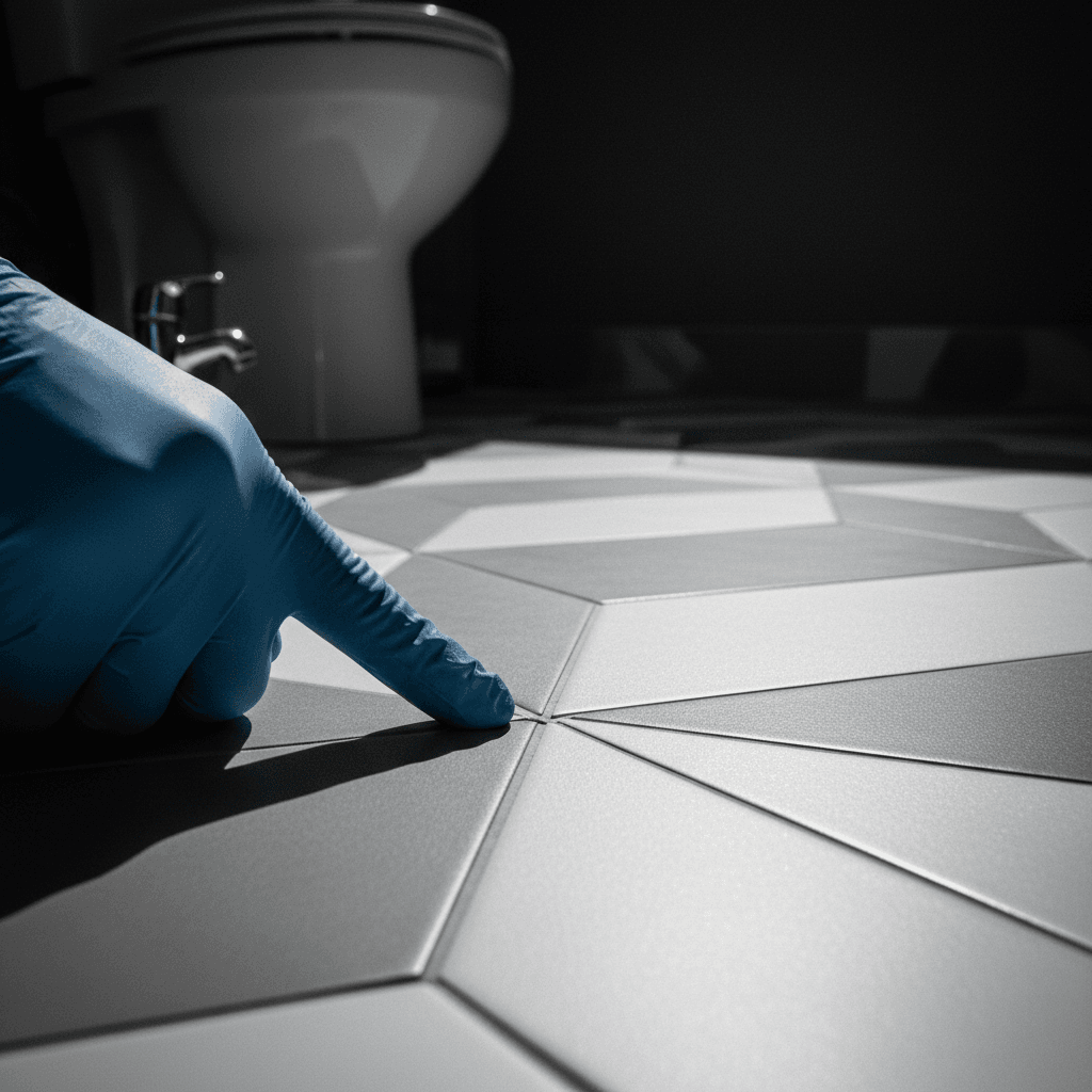 Bathroom tile installation, geometric ceramic floor pattern with perfect grout lines