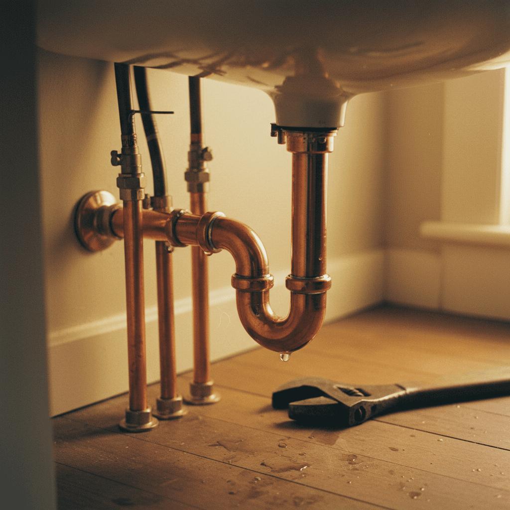 Plumbing installation under sink, copper connections with professional fittings and clean joints