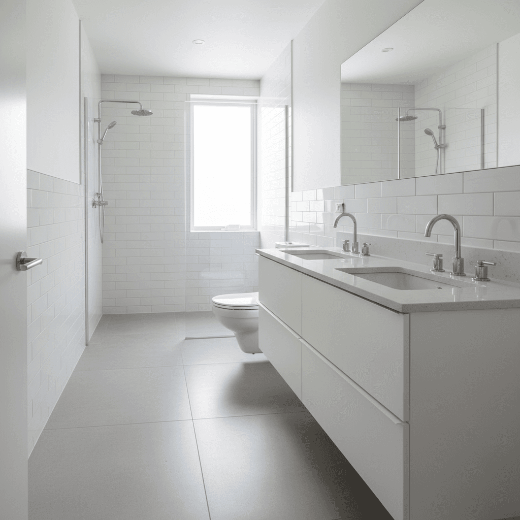 Complete bathroom remodel with white subway tiles, modern fixtures, and polished surfaces