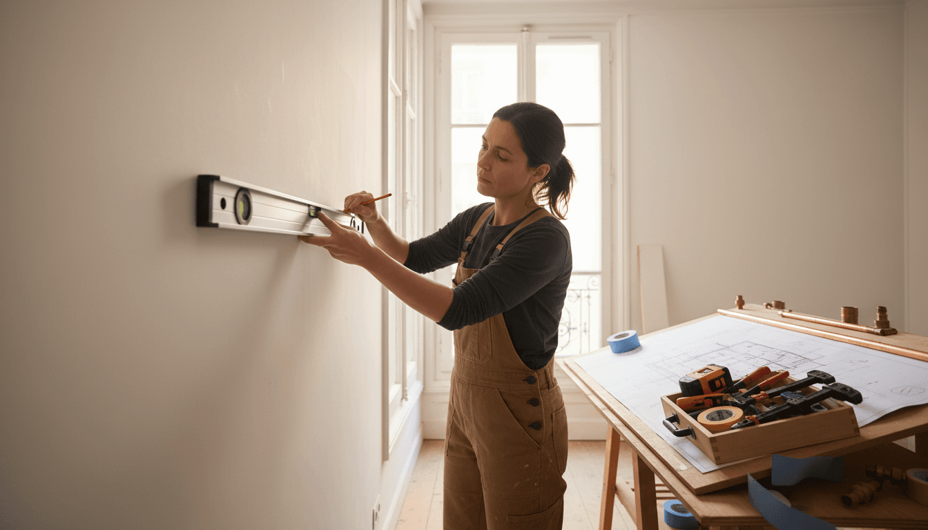 Tradesperson carefully measuring and marking a wall with precision tools during interior renovation preparation
