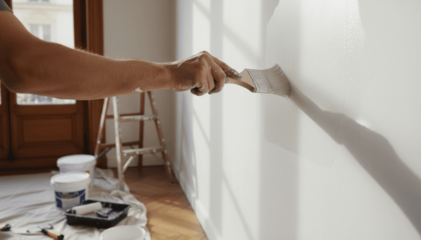 Professional painter carefully applying finish to interior wall in Parisian apartment