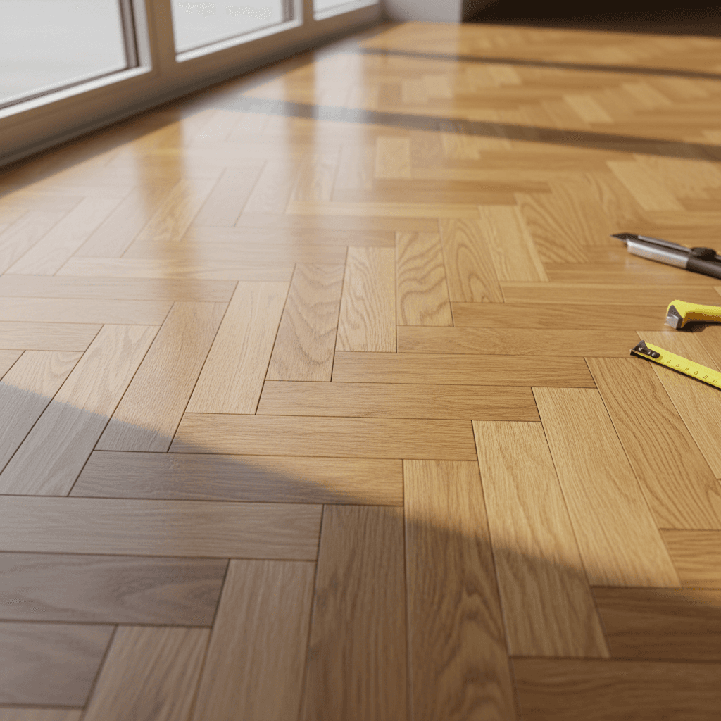 Parquet flooring installation, polished wood with natural grain detail and warm finish