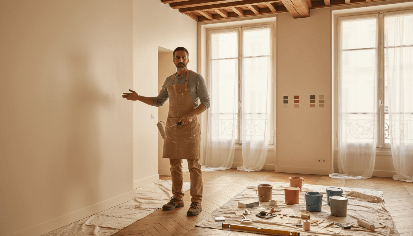 Interior renovation specialist in Paris workspace with painted walls and professional tools