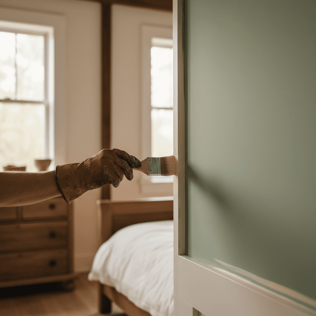 Interior painting in progress, sage green bedroom wall with careful trim work